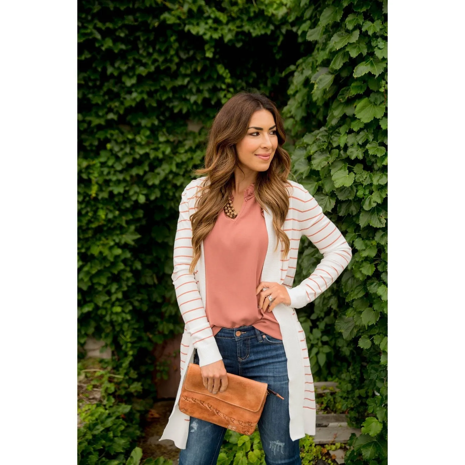 Thin Striped Cardigan-White