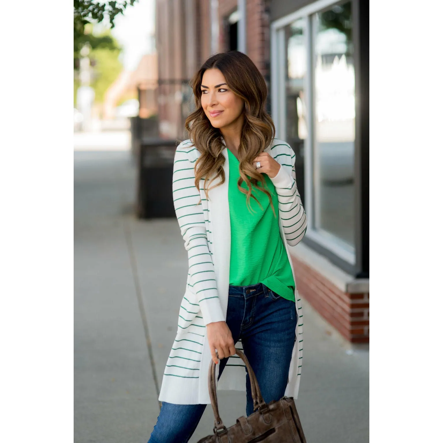 Thin Striped Cardigan-White