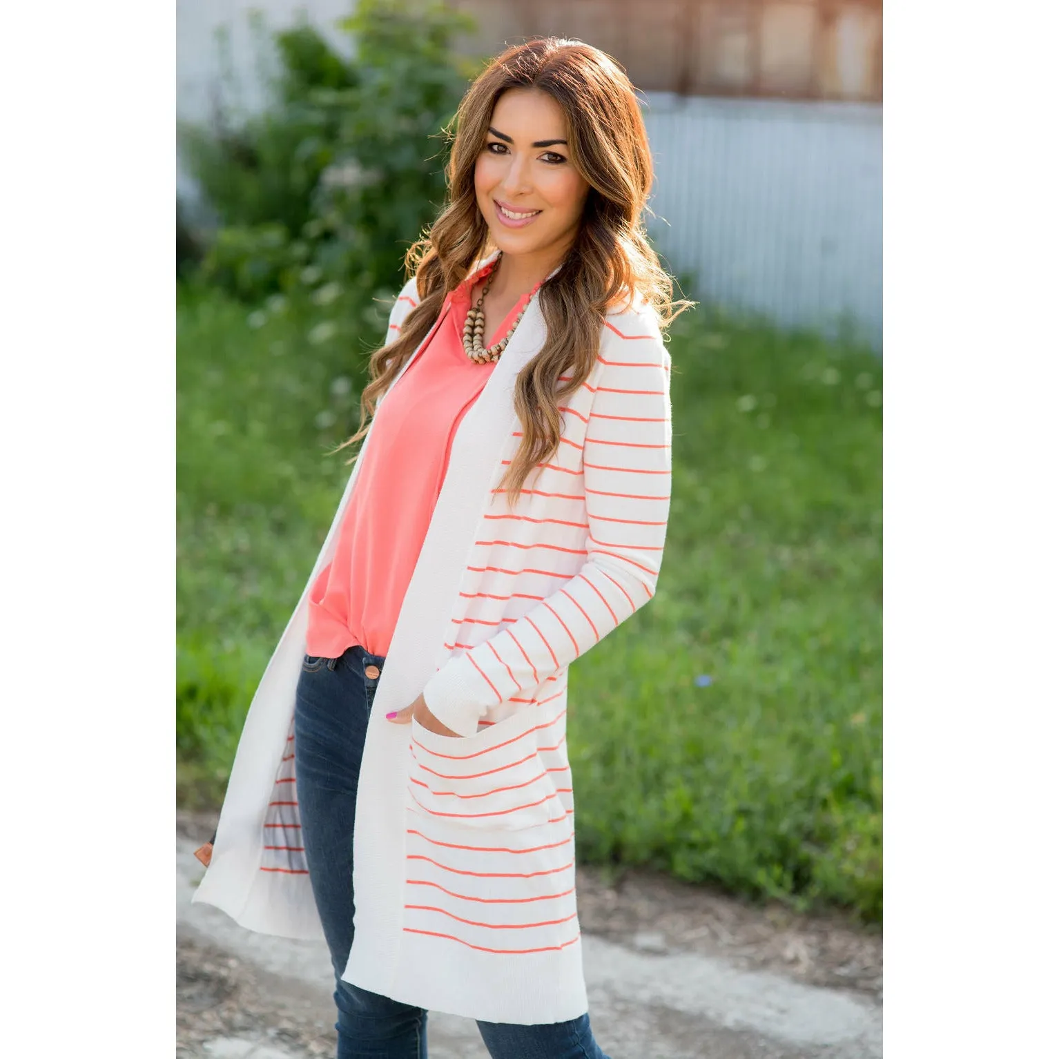 Thin Striped Cardigan-White