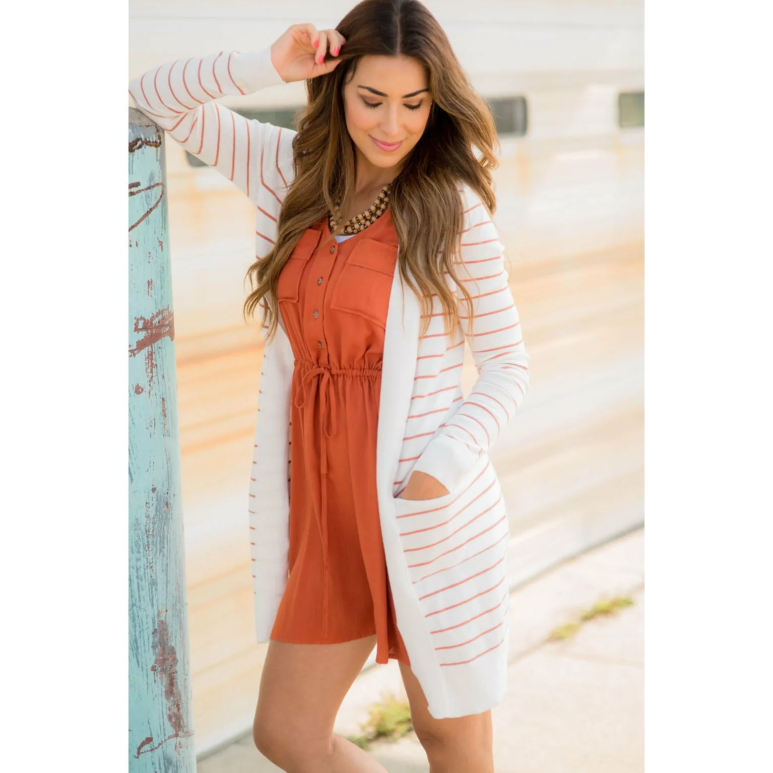 Thin Striped Cardigan-White