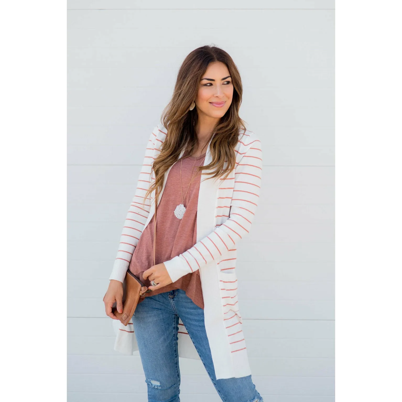 Thin Striped Cardigan-White