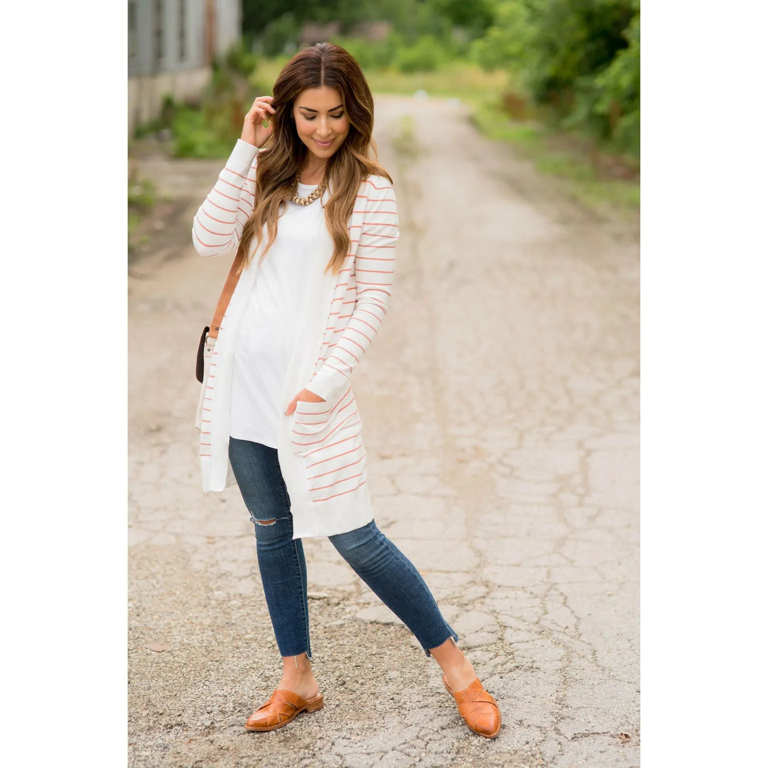 Thin Striped Cardigan-White