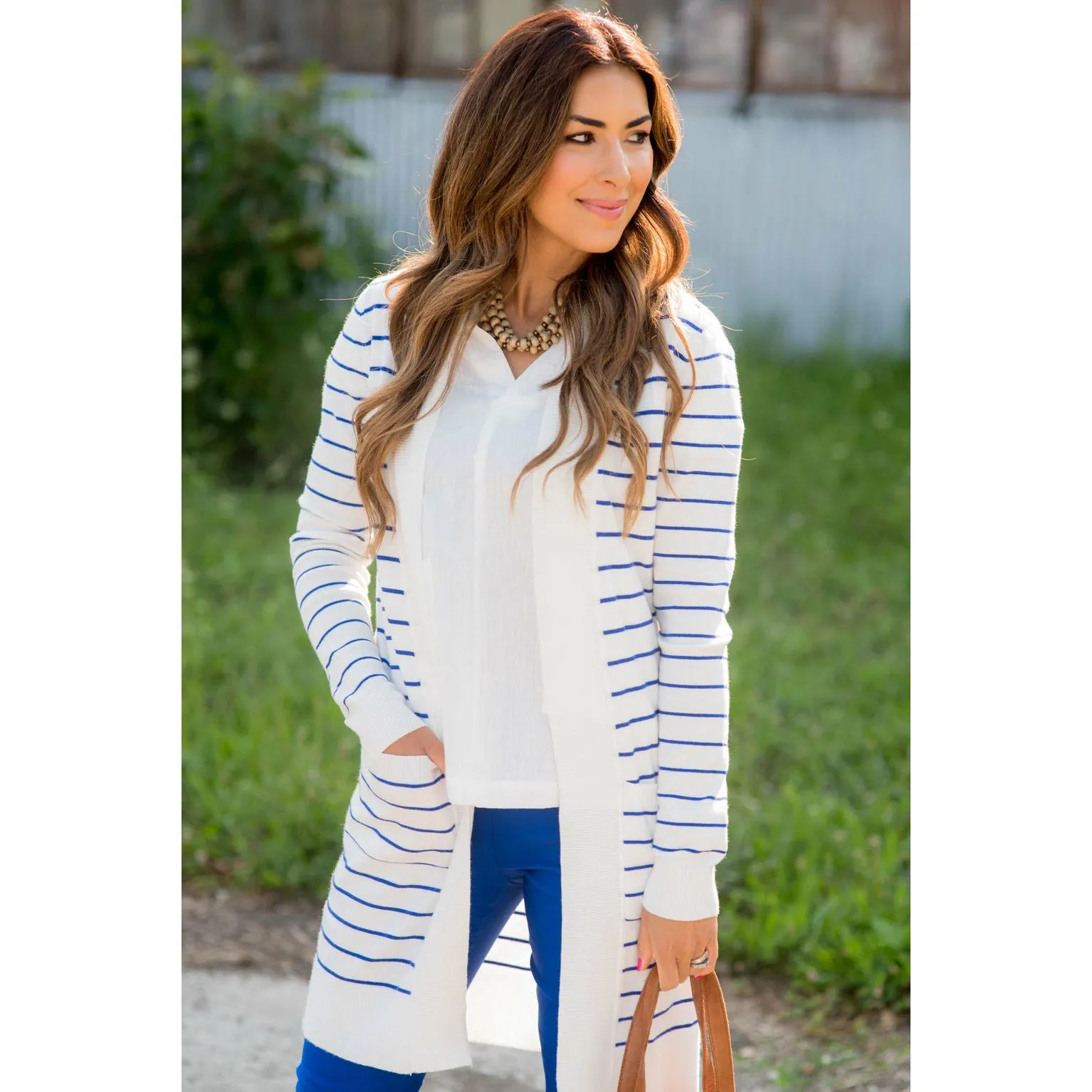 Thin Striped Cardigan-White