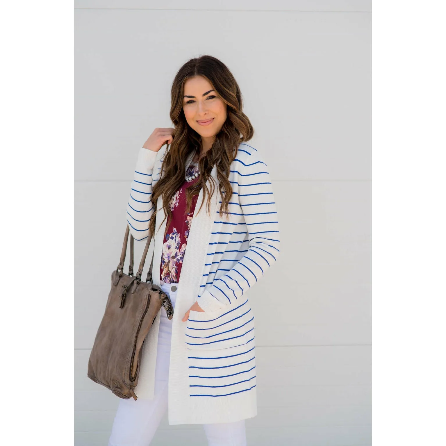 Thin Striped Cardigan-White