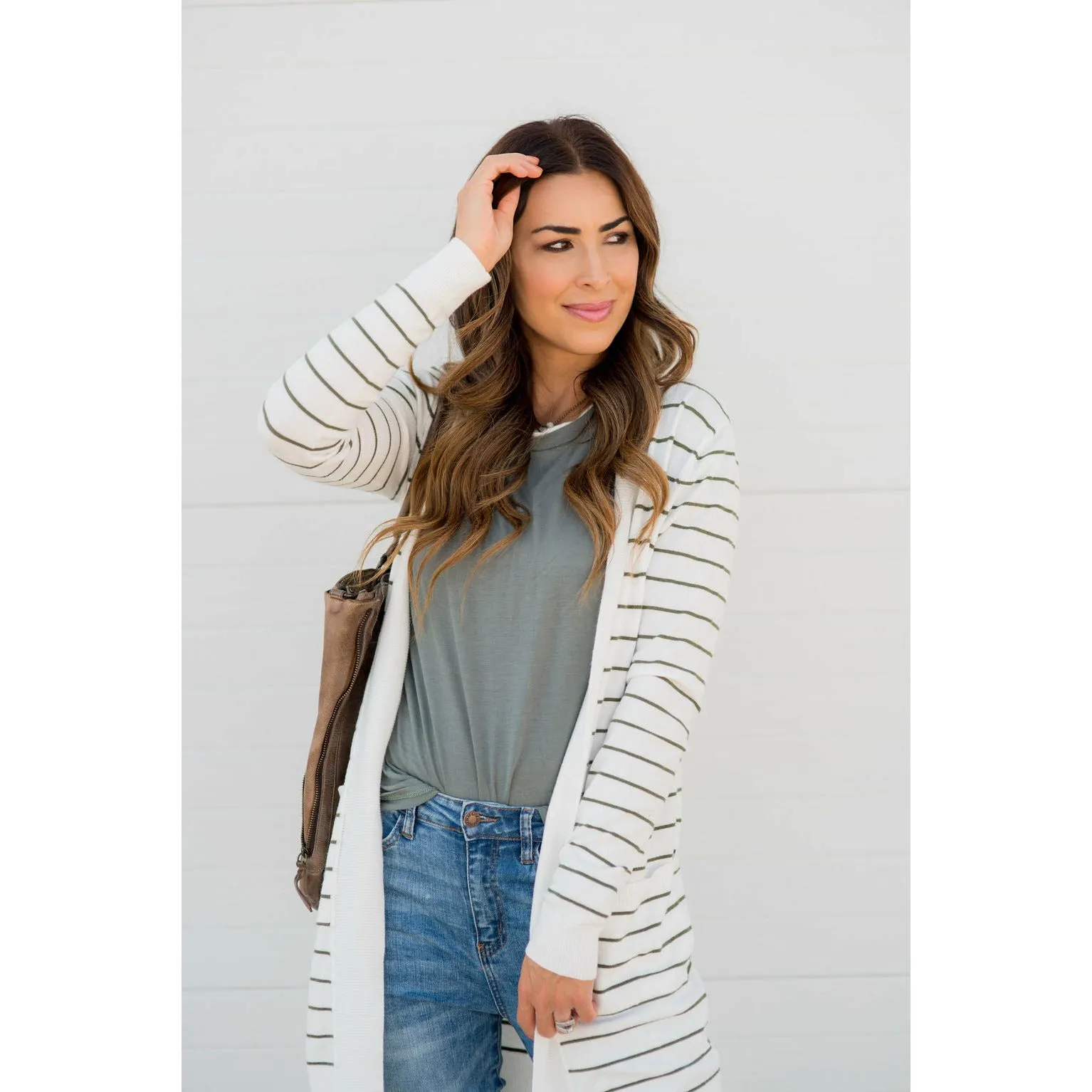 Thin Striped Cardigan-White