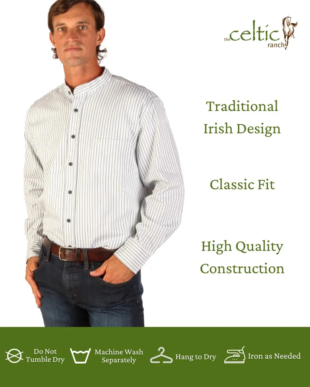 Traditional Irish Grandfather Shirt, Men's Casual Long Sleeve Button Down Collarless Dress Shirt