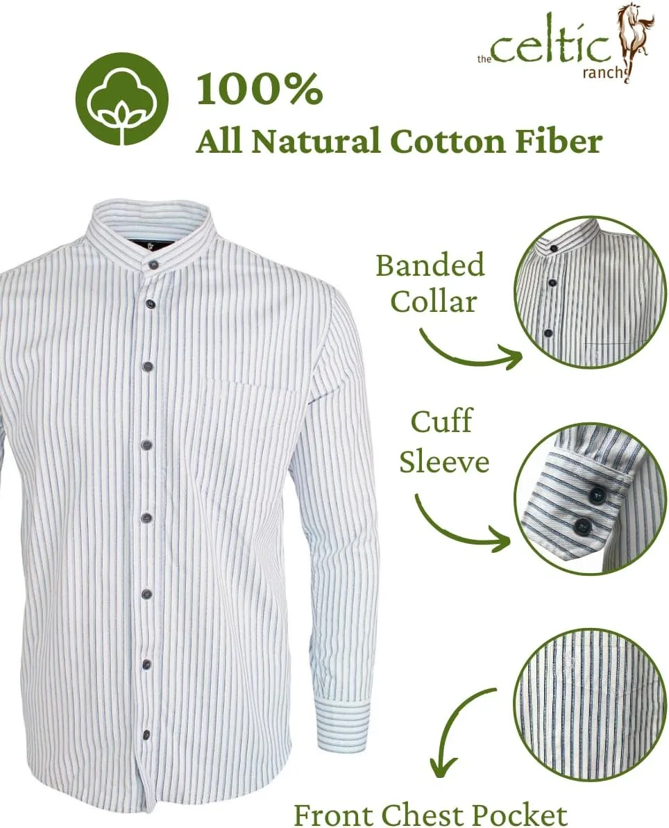 Traditional Irish Grandfather Shirt, Men's Casual Long Sleeve Button Down Collarless Dress Shirt