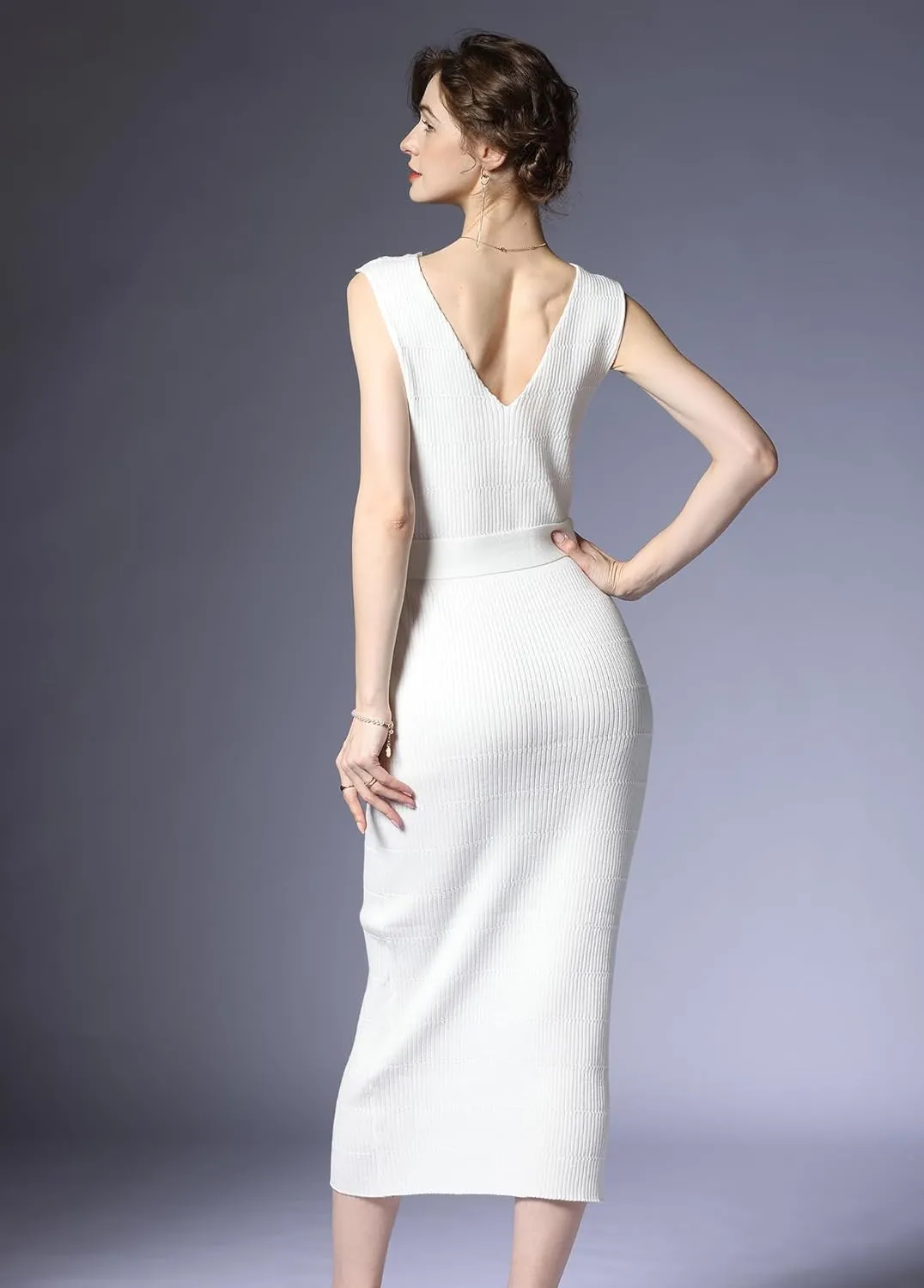 V Neck Sleeveless Midi Sweater Dress Bottom Knitted Bodycon Dress Chic Ribbed Knit Wrap Dress