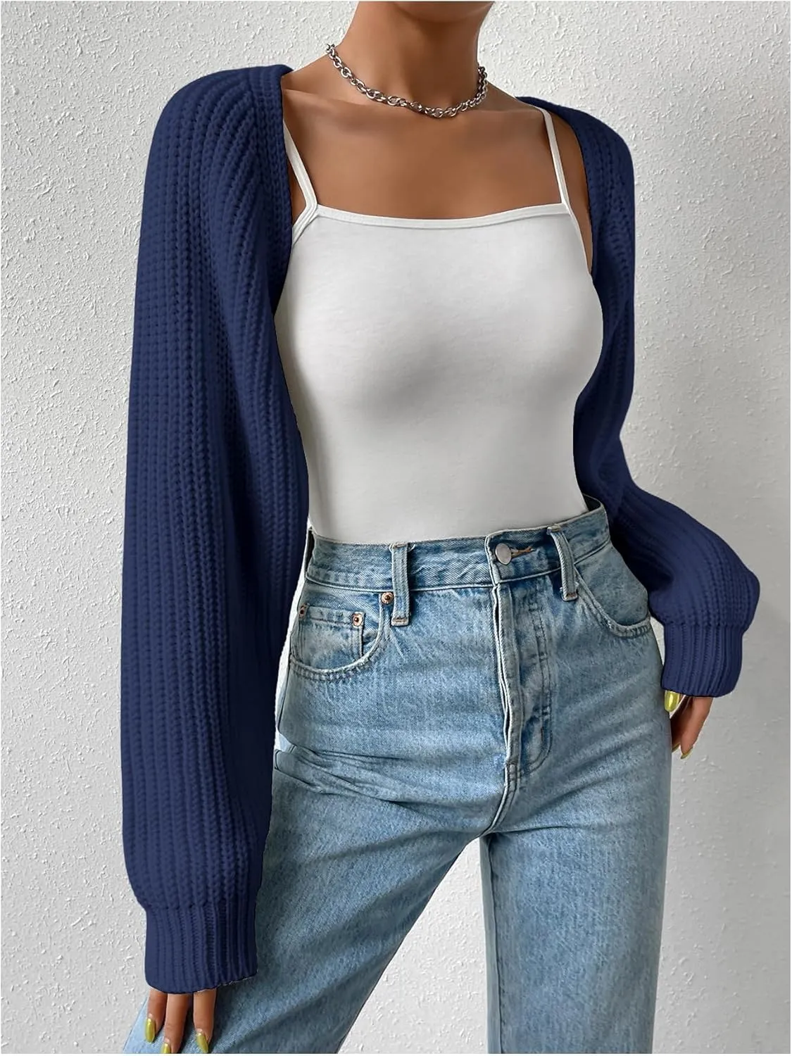 Verdusa Women's Long Sleeve Open Front Knitted Crop Cardigan Sweater Shrug