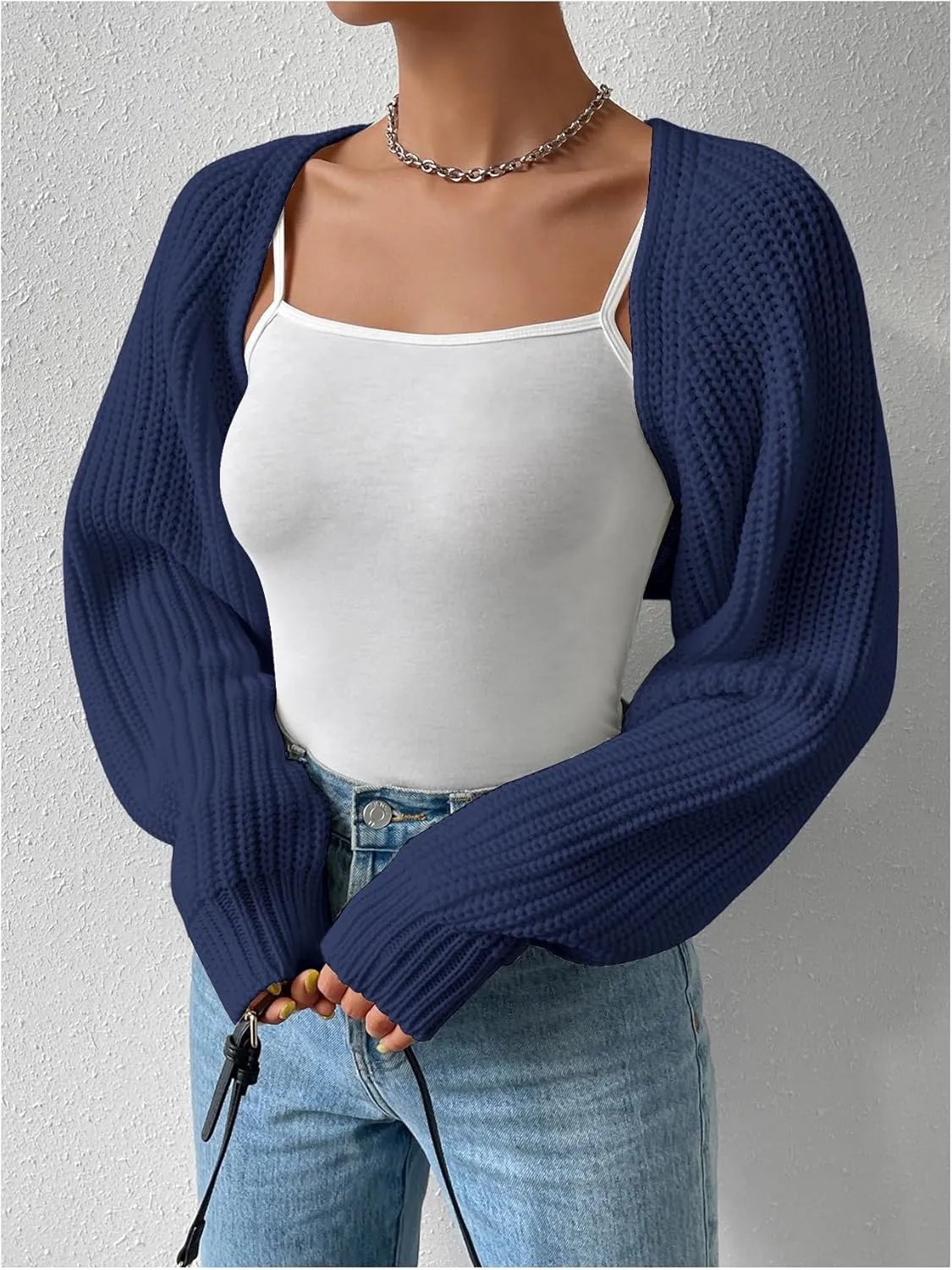 Verdusa Women's Long Sleeve Open Front Knitted Crop Cardigan Sweater Shrug