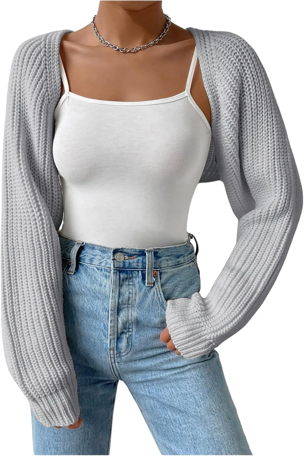 Verdusa Women's Long Sleeve Open Front Knitted Crop Cardigan Sweater Shrug