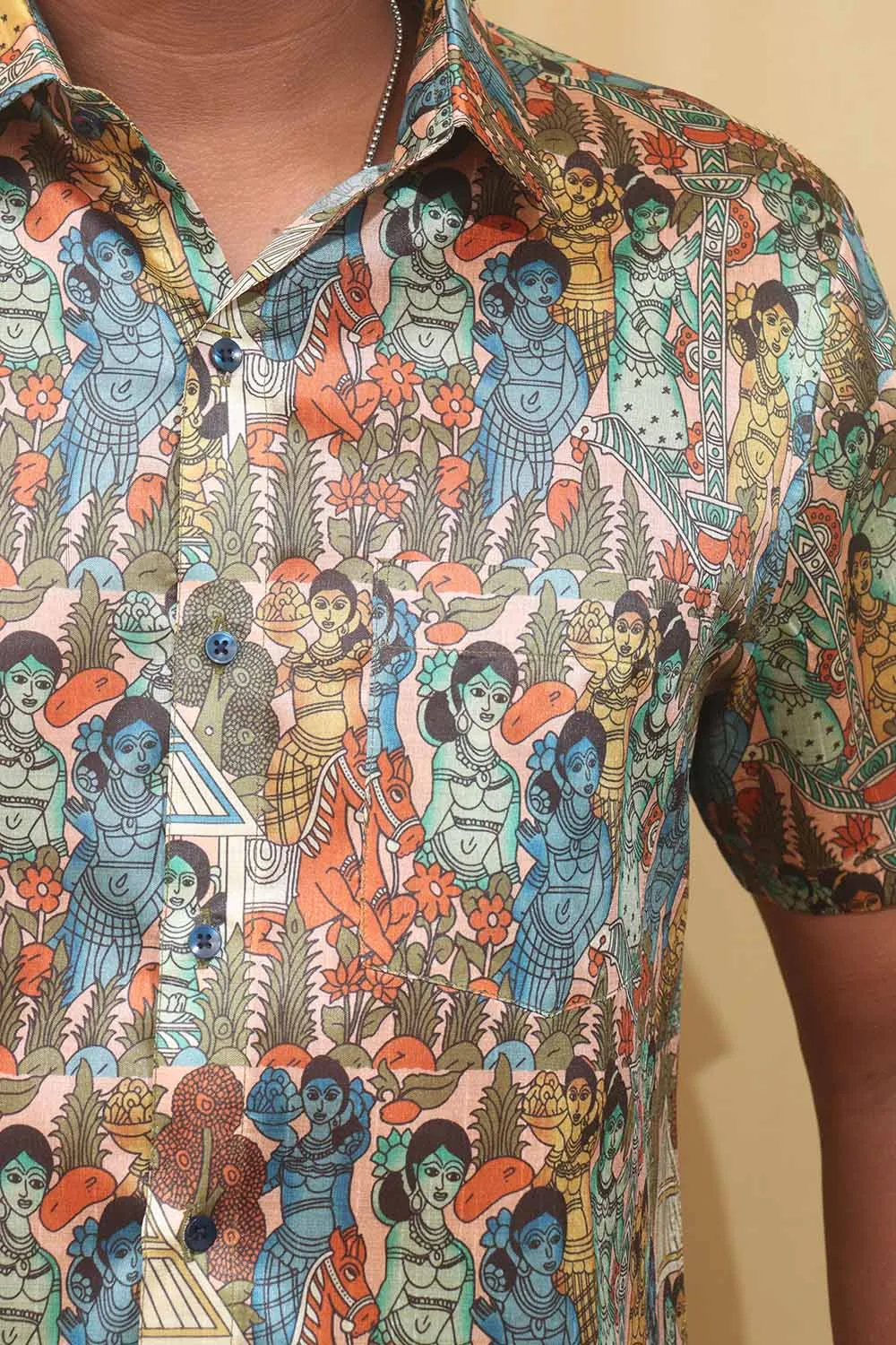 Vibrant Kalamkari Tussar Silk Shirt: Multicolor Digital Print
