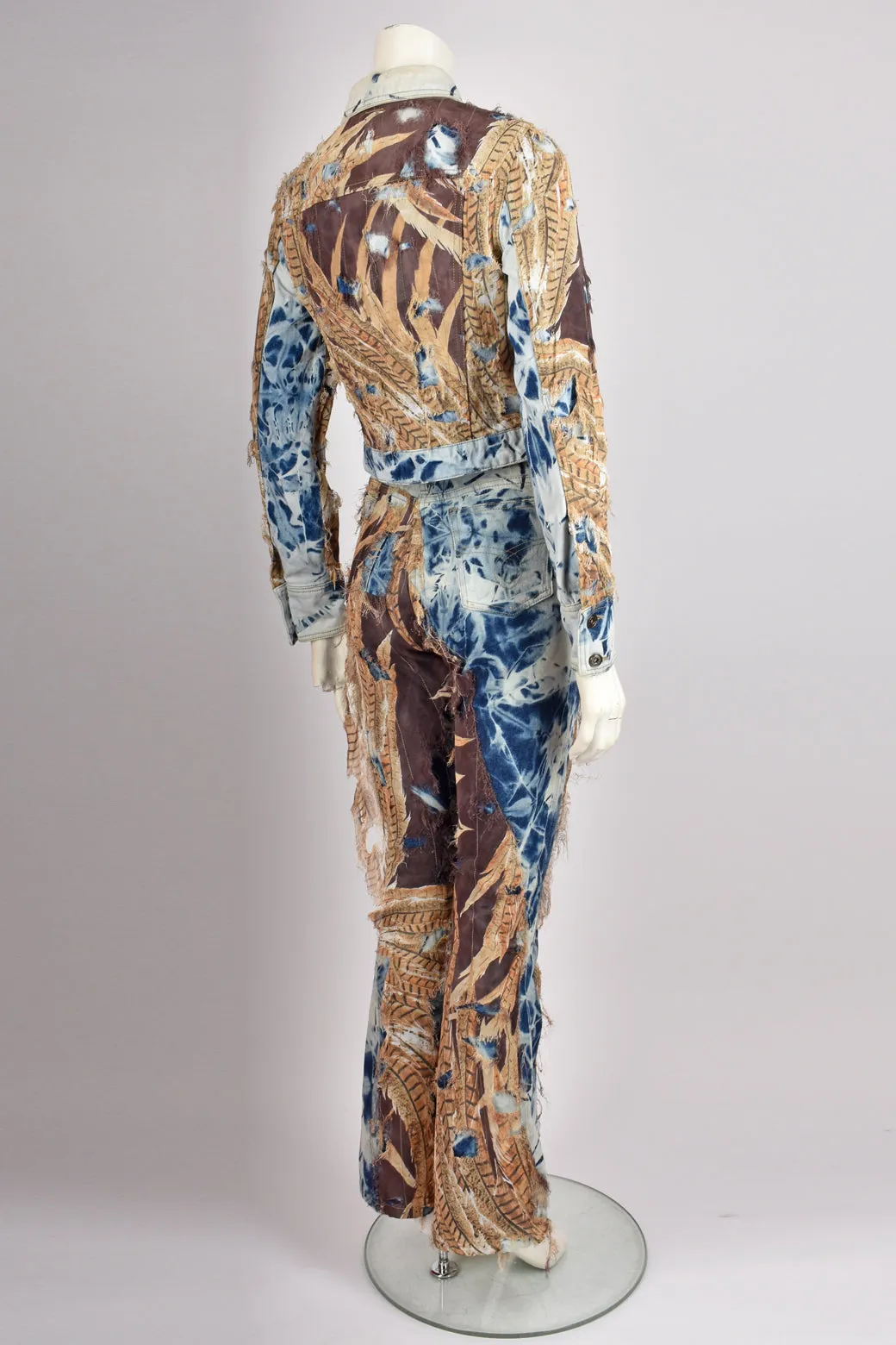 VINTAGE 2000s FEATHER PRINT DENIM TROUSER SUIT XS