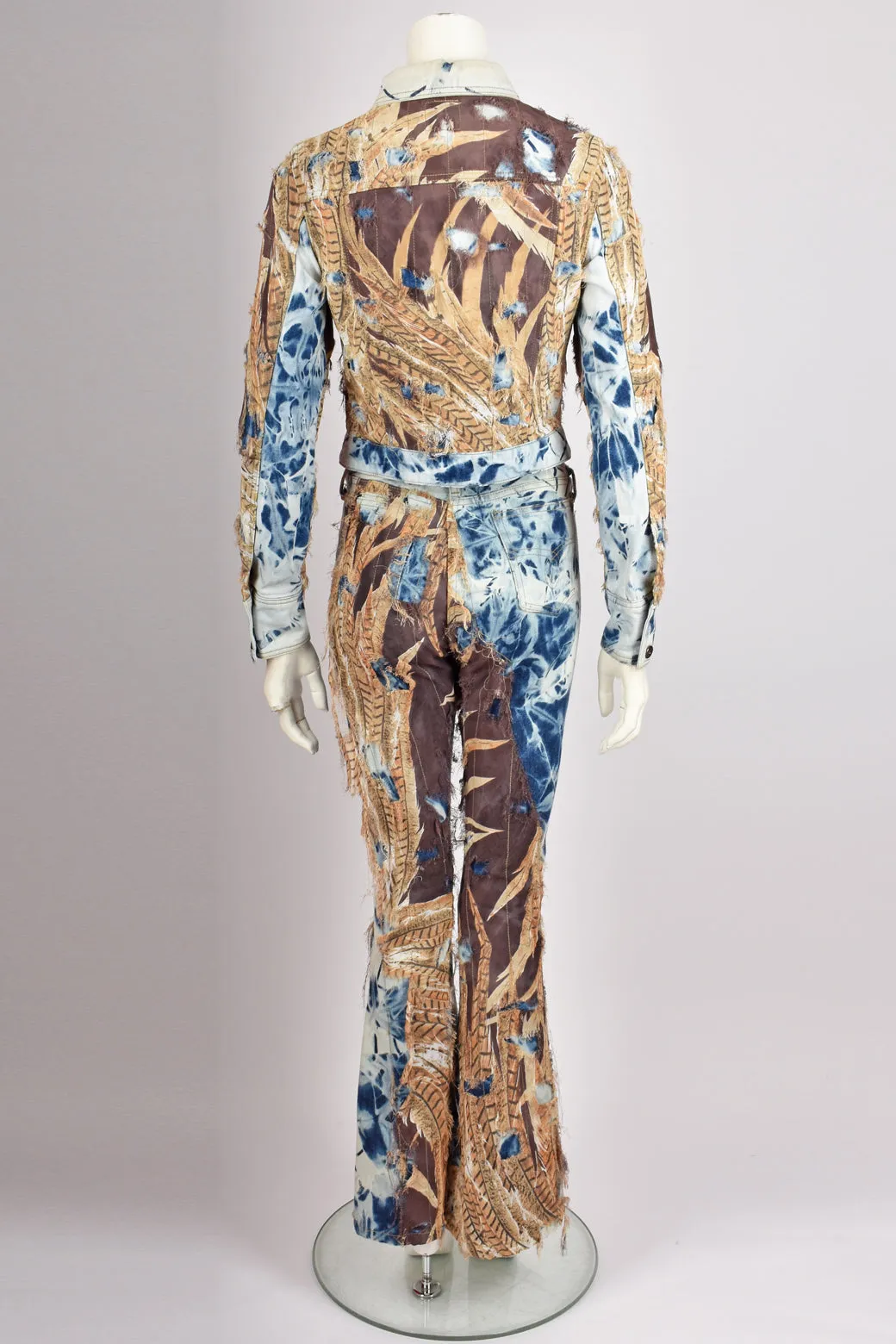 VINTAGE 2000s FEATHER PRINT DENIM TROUSER SUIT XS