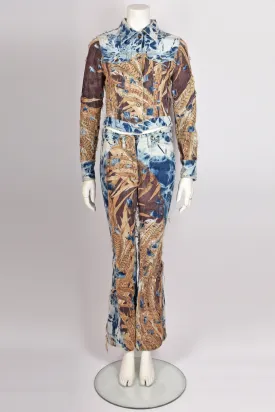 VINTAGE 2000s FEATHER PRINT DENIM TROUSER SUIT XS