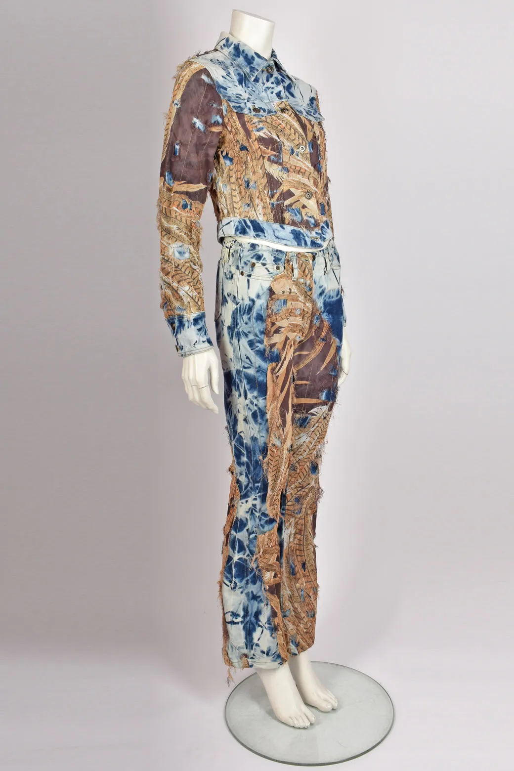 VINTAGE 2000s FEATHER PRINT DENIM TROUSER SUIT XS