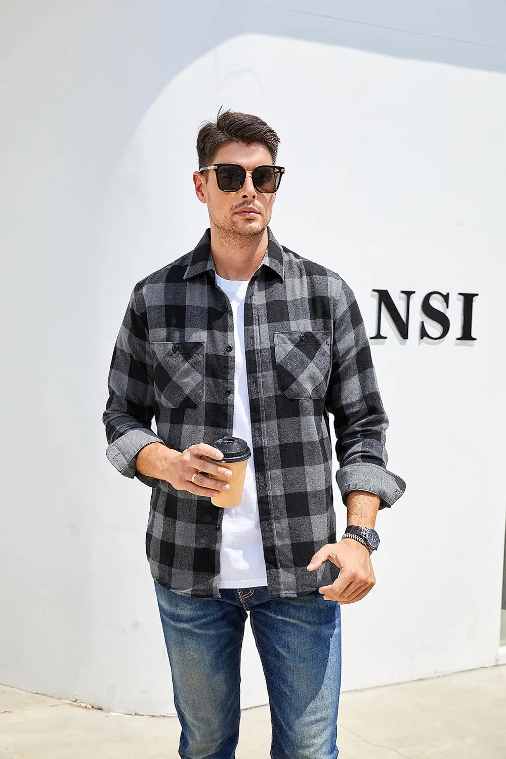 WARHORSEE Flannel Shirt for Men Long Sleeve Regular Fit Button Down Casual Plaid Shirt