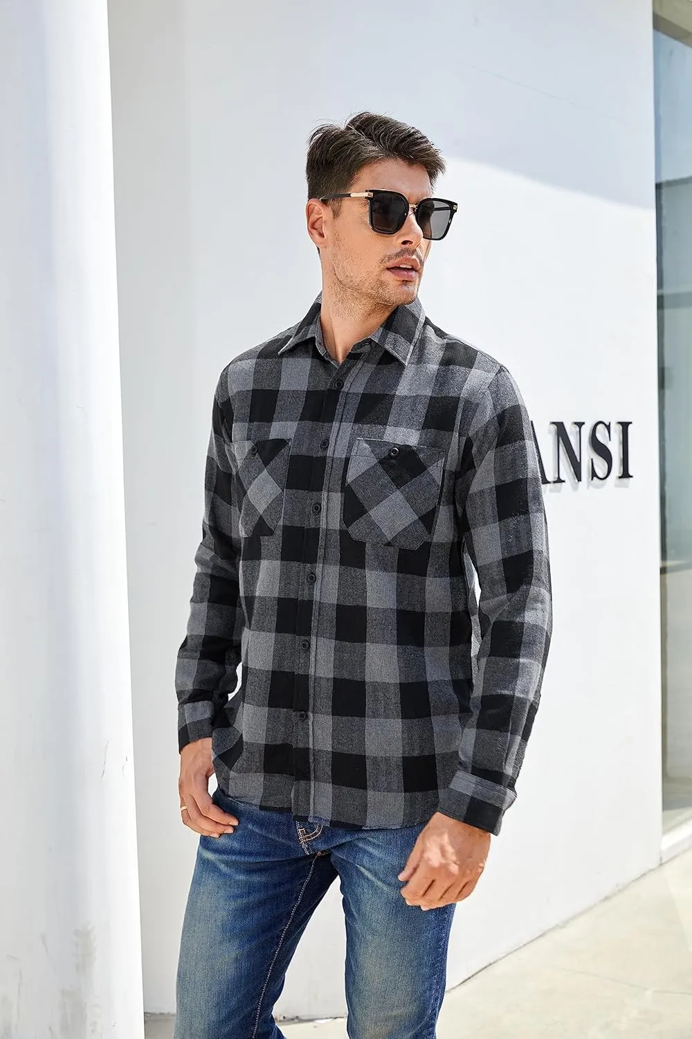 WARHORSEE Flannel Shirt for Men Long Sleeve Regular Fit Button Down Casual Plaid Shirt