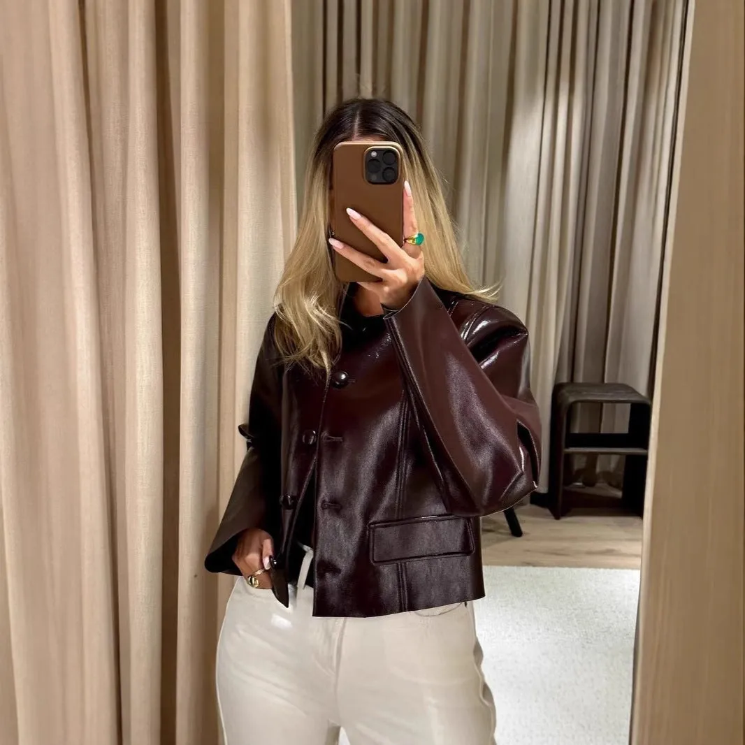 Wenkouban cute outfits fall Glossy Short Jacket Skirt Suit Advanced Waist-Tight Leather Skirt Suit