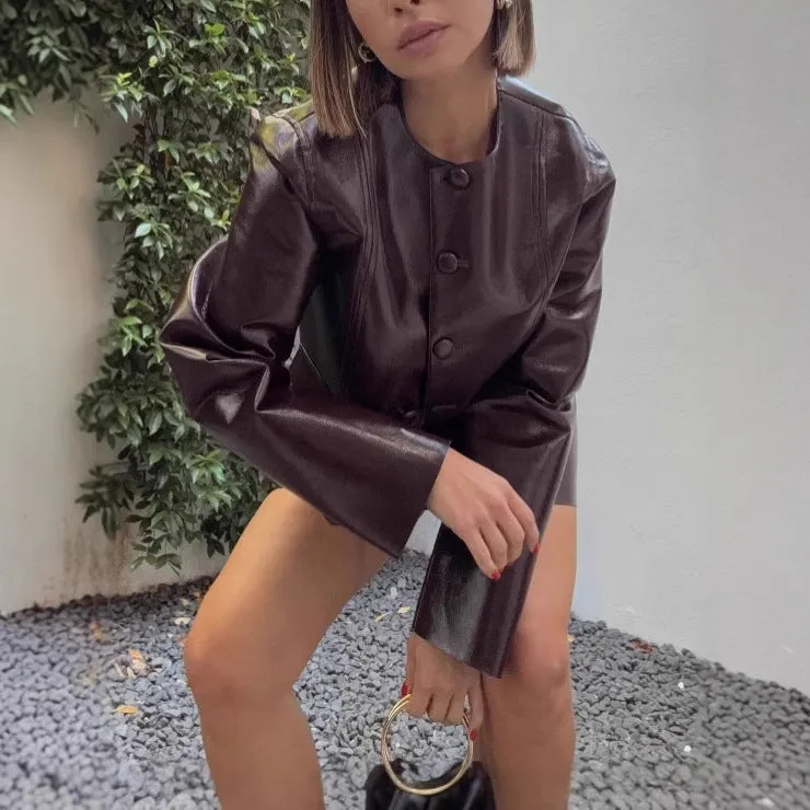 Wenkouban cute outfits fall Glossy Short Jacket Skirt Suit Advanced Waist-Tight Leather Skirt Suit