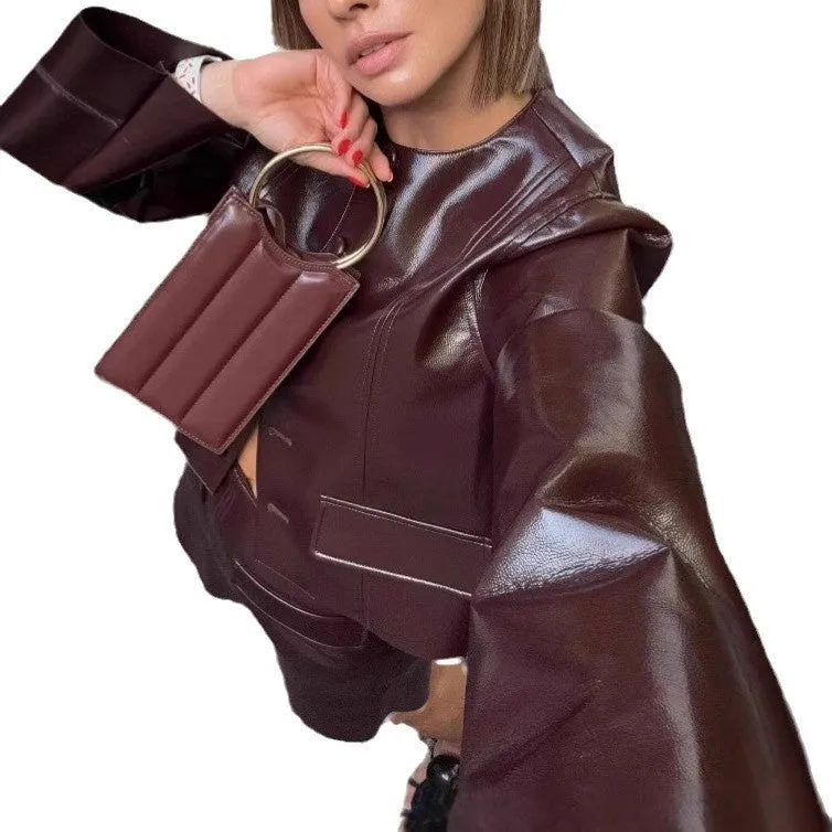 Wenkouban cute outfits fall Glossy Short Jacket Skirt Suit Advanced Waist-Tight Leather Skirt Suit