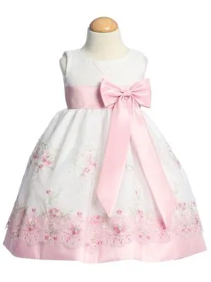White Organza Easter Dress with Embroidery and Matching Taffeta Waistband, Sash, and Bow