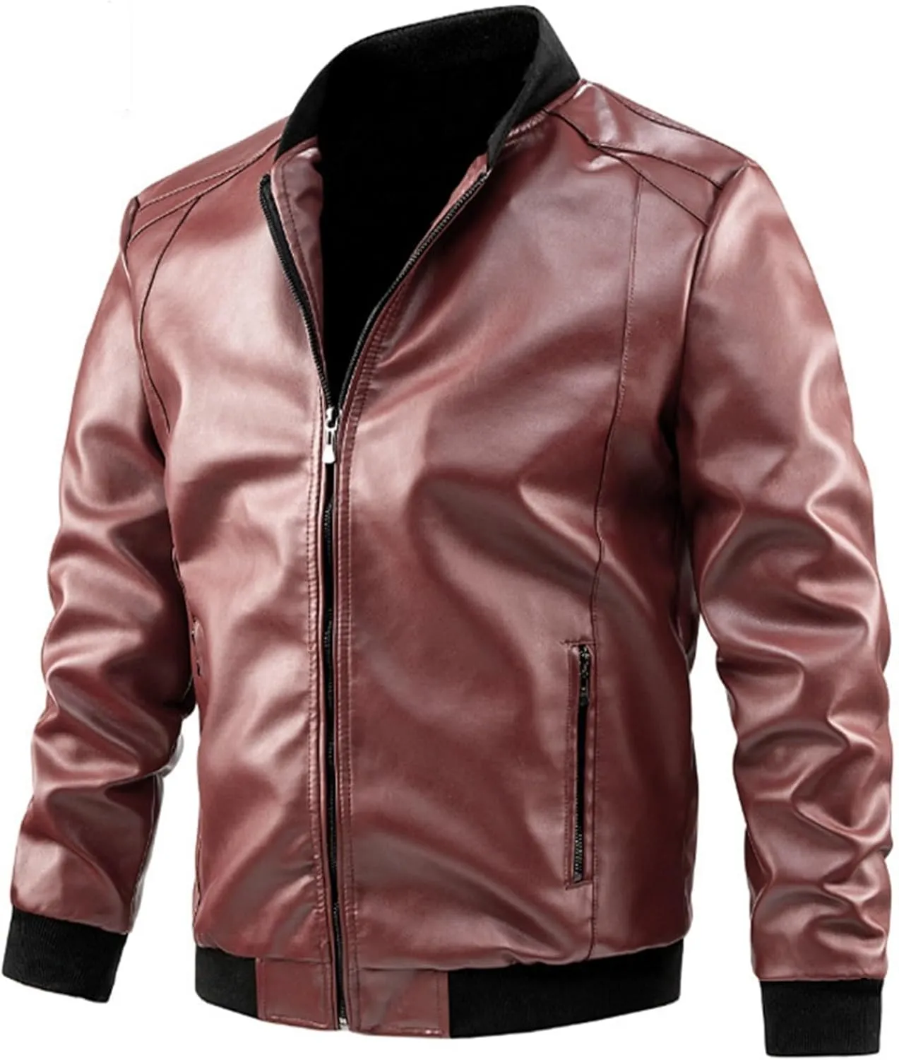 Winter Jackets for Men Loose Solid Color Zip PU Leather Jacket Short Lapel Motorcycle Leather Jacket Coat Leather