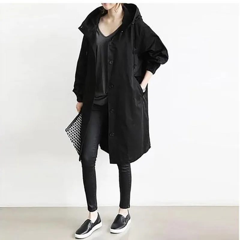 Wjczt Fashion Womens Trench Coats Hooded Long 2021 Spring Autumn Windproof Lady Female Casual Clothes 8 Color Windbreaker Korean Style