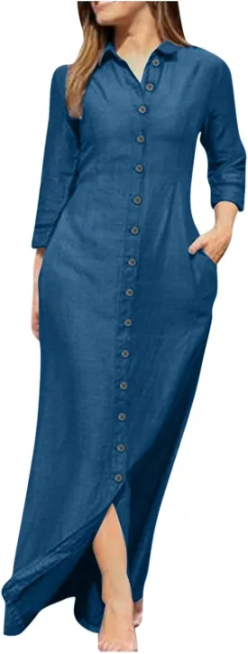 Women Casual Button Shirt Dress Long Sleeve Maxi Blouse Dresses Lapel Flowy Summer Beach Long Dress with Pockets
