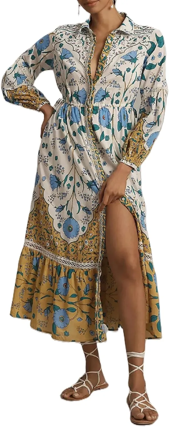 Women Graphic Puff Sleeve Maxi Dress Graffeti Button Down Shirt Dress Vintage Boho Floral Flowy Long Dress