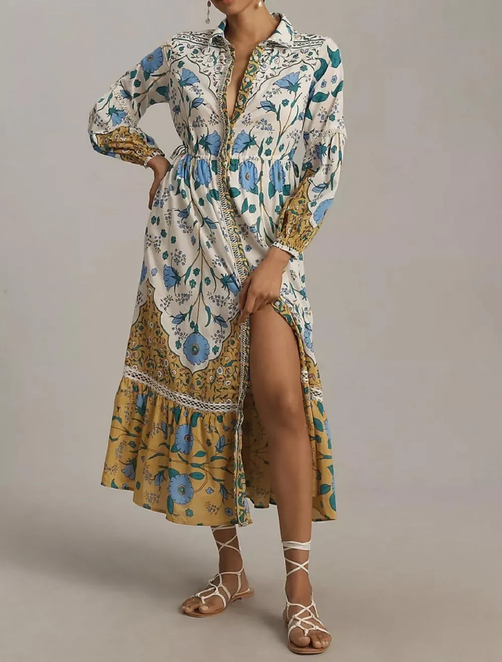 Women Graphic Puff Sleeve Maxi Dress Graffeti Button Down Shirt Dress Vintage Boho Floral Flowy Long Dress