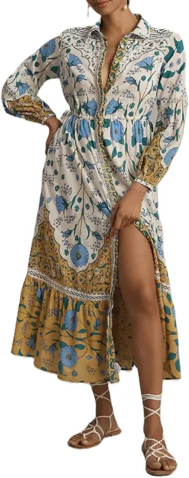 Women Graphic Puff Sleeve Maxi Dress Graffeti Button Down Shirt Dress Vintage Boho Floral Flowy Long Dress