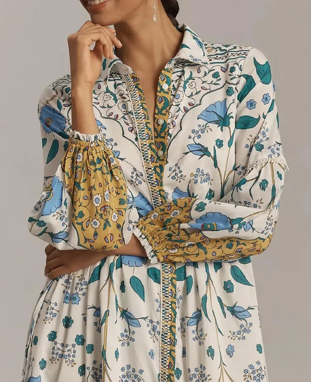 Women Graphic Puff Sleeve Maxi Dress Graffeti Button Down Shirt Dress Vintage Boho Floral Flowy Long Dress
