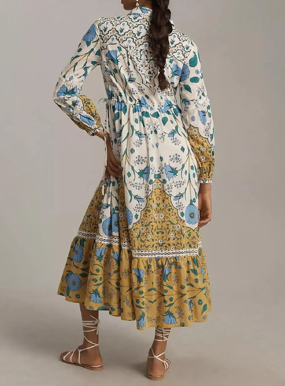 Women Graphic Puff Sleeve Maxi Dress Graffeti Button Down Shirt Dress Vintage Boho Floral Flowy Long Dress