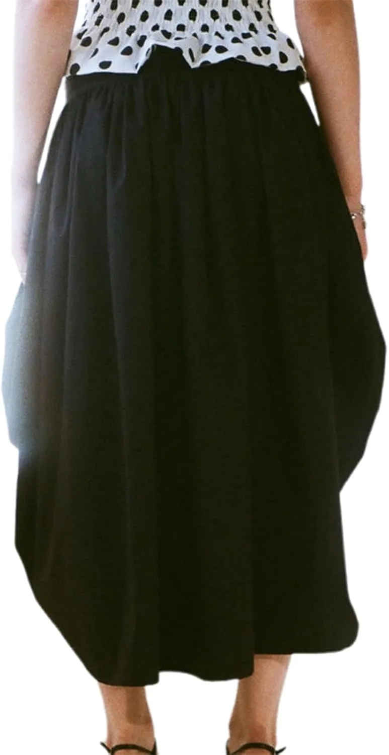 Women Long Skirt Elegant Plaid/Dot Print Low Waisted Midi Skirt Flowy Irregular A-Line Skirt for Casual Daily