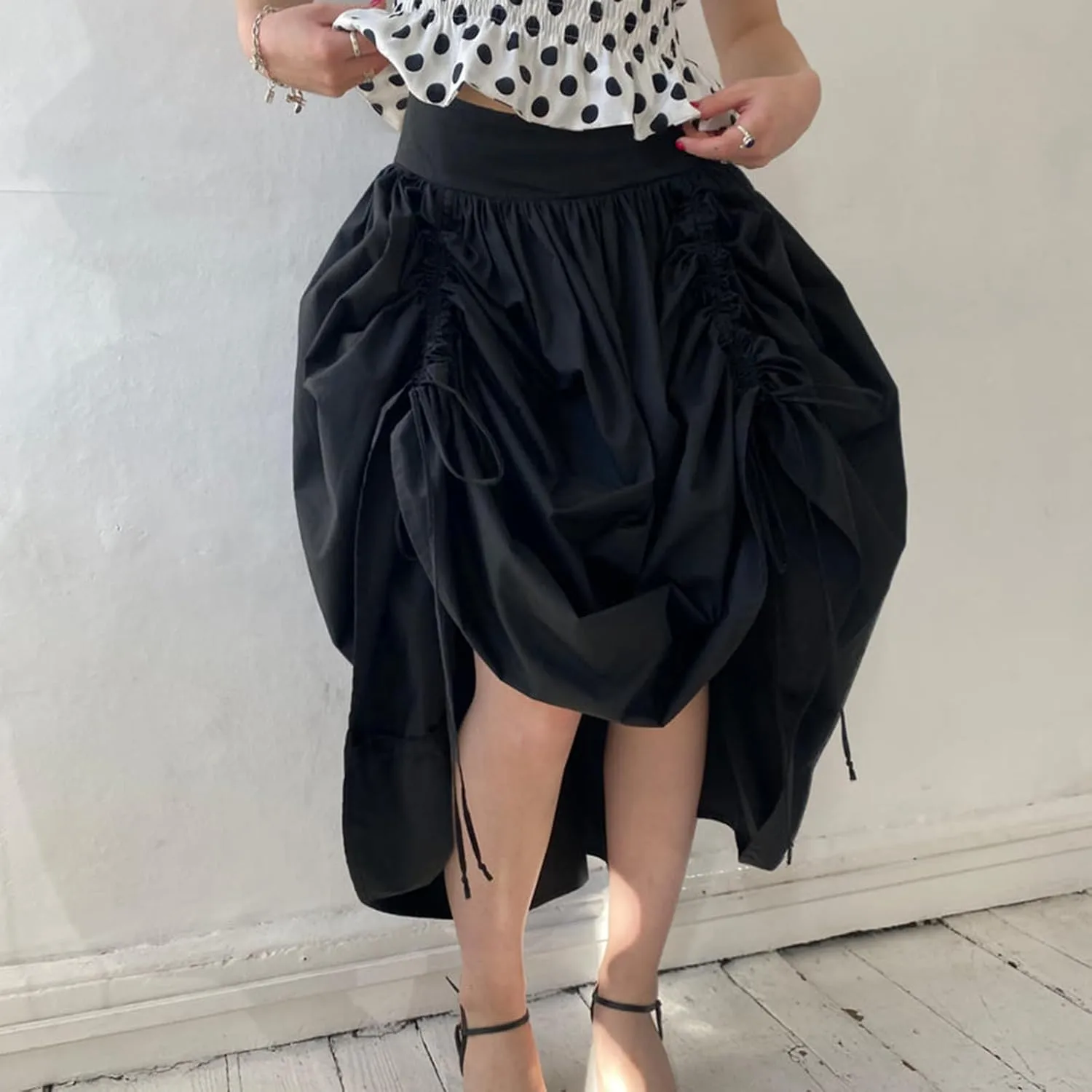 Women Long Skirt Elegant Plaid/Dot Print Low Waisted Midi Skirt Flowy Irregular A-Line Skirt for Casual Daily