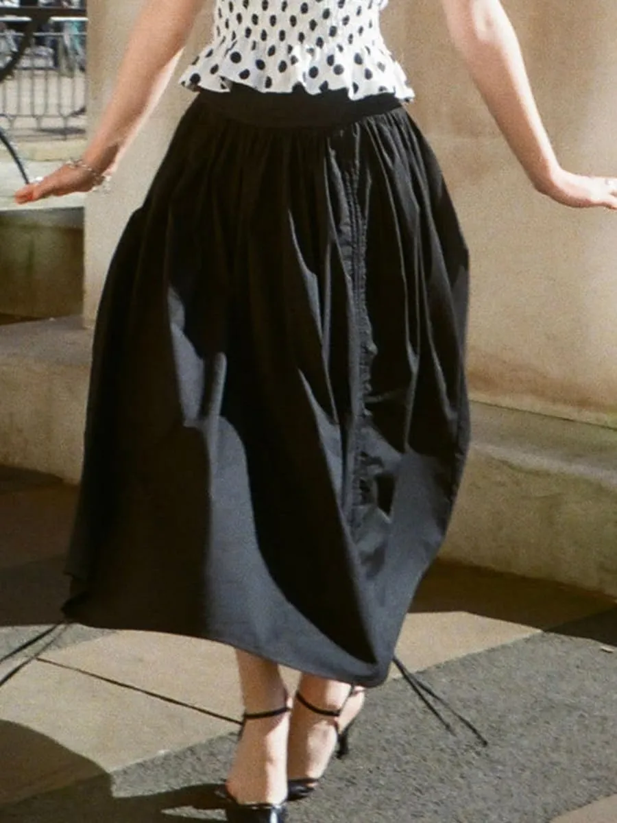 Women Long Skirt Elegant Plaid/Dot Print Low Waisted Midi Skirt Flowy Irregular A-Line Skirt for Casual Daily