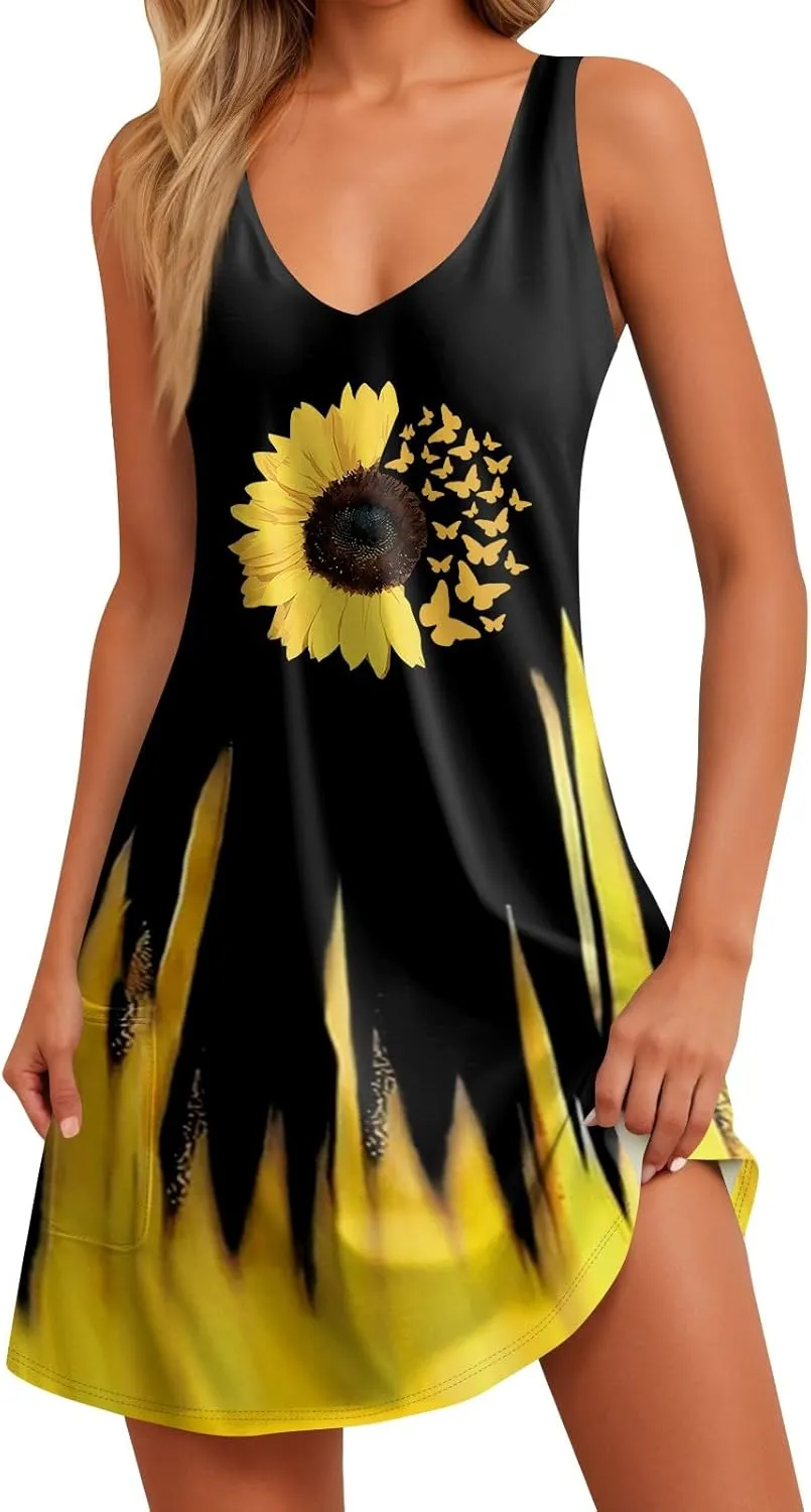 Women Summer Dresses Printed Beach Swimsuit Coverup Casual Sleeveless Dress with Pocket Vacation V Neck Sundress