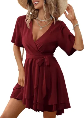 Women Wrap Dress Casual Mini V Neck Fall Long Sleeve Wedding Guest Dresses with Belt