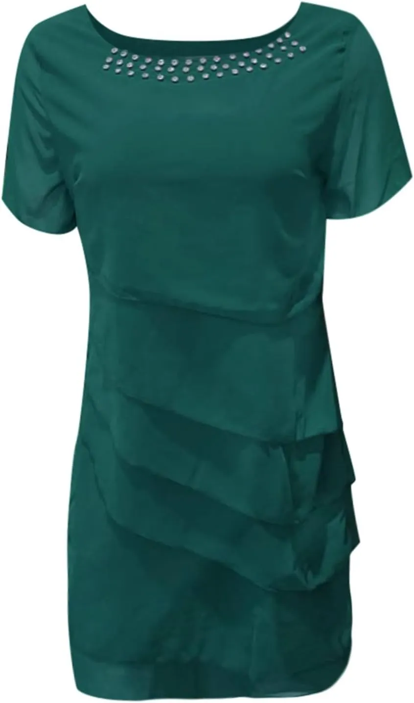 Women's Chiffon Dresses Short Sleeve Crewneck Tiered Layered Flowy Dress Party Wedding Prom Dresses Outfits