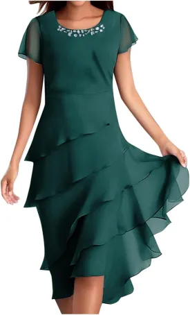 Women's Chiffon Dresses Short Sleeve Crewneck Tiered Layered Flowy Dress Party Wedding Prom Dresses Outfits
