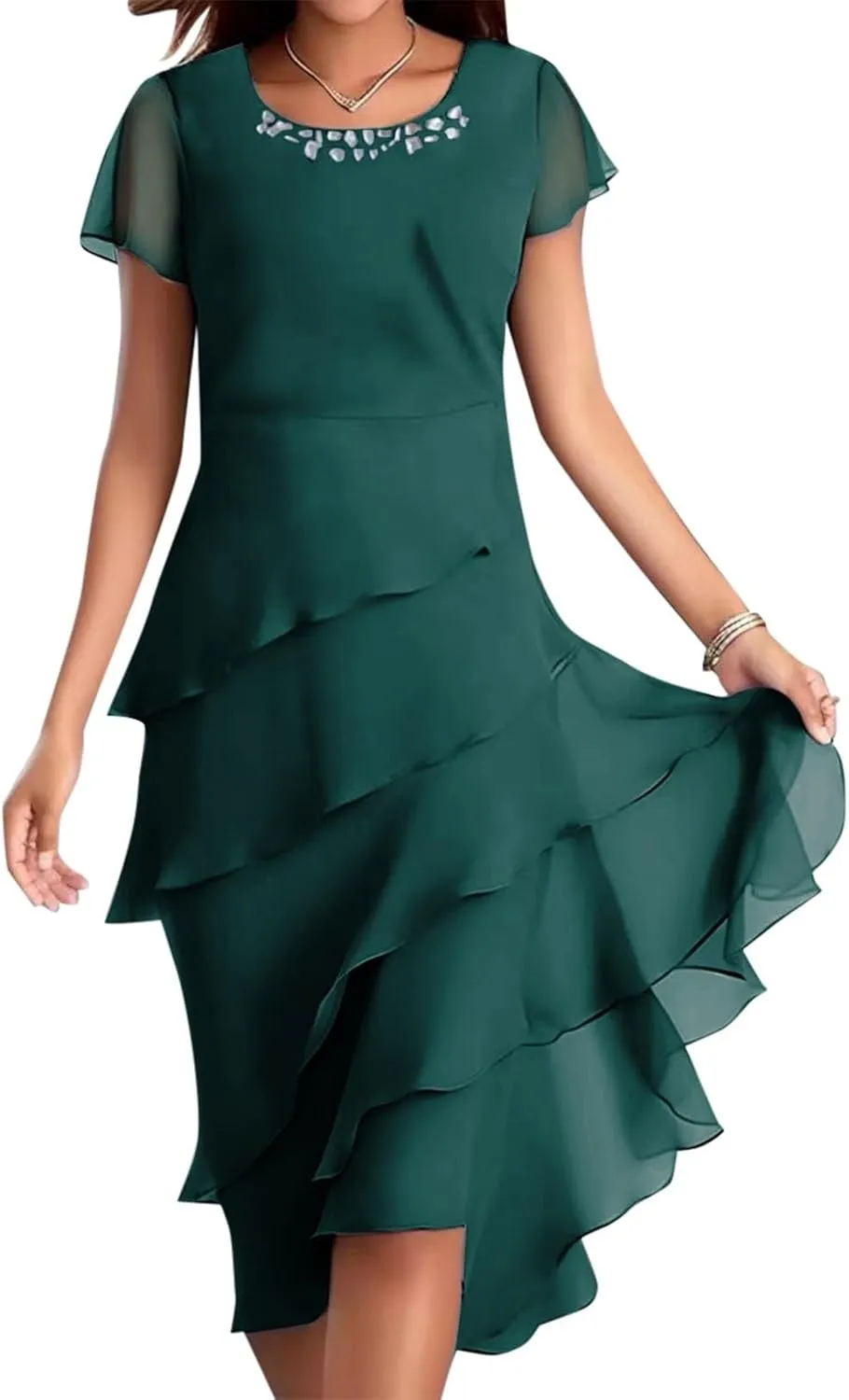 Women's Chiffon Dresses Short Sleeve Crewneck Tiered Layered Flowy Dress Party Wedding Prom Dresses Outfits