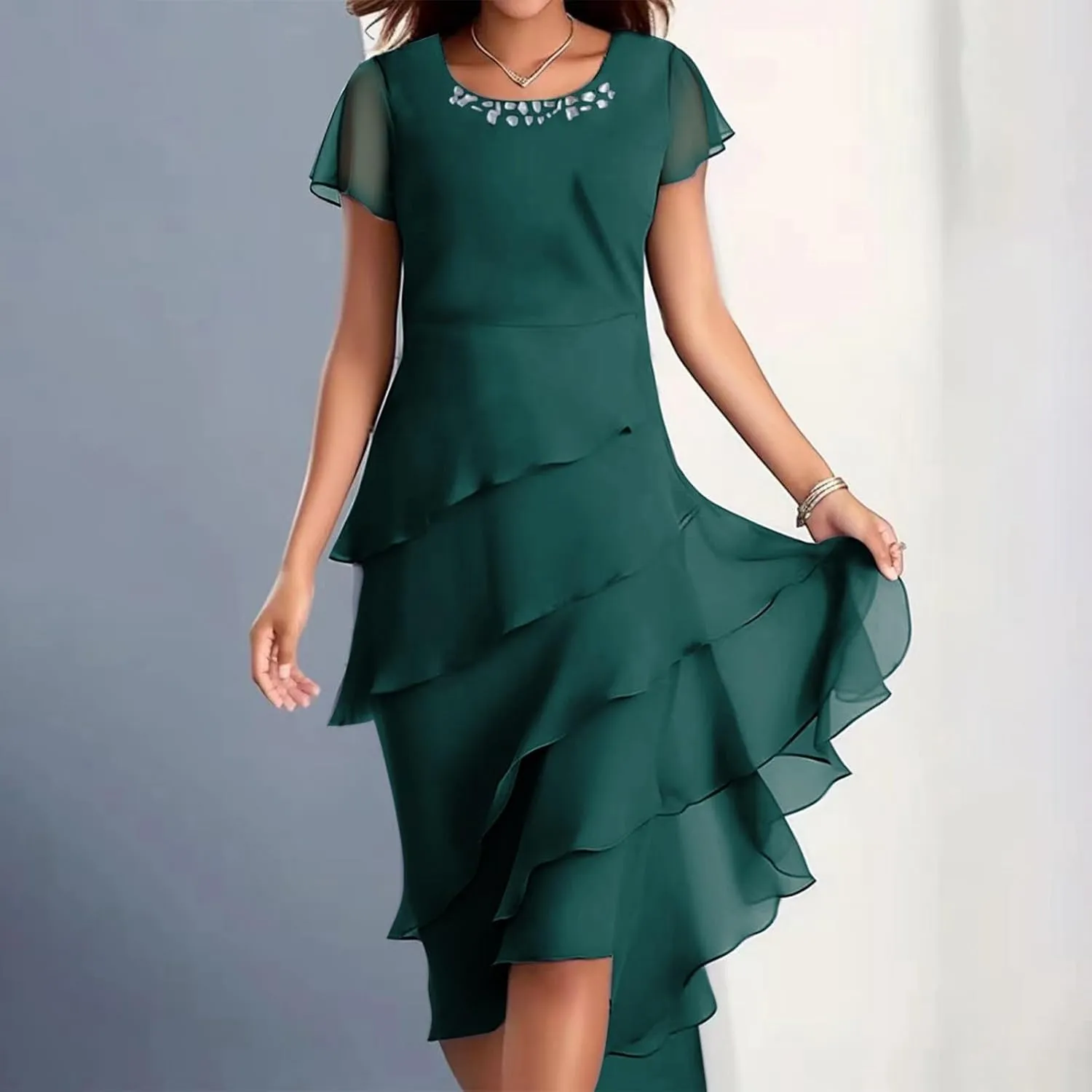 Women's Chiffon Dresses Short Sleeve Crewneck Tiered Layered Flowy Dress Party Wedding Prom Dresses Outfits
