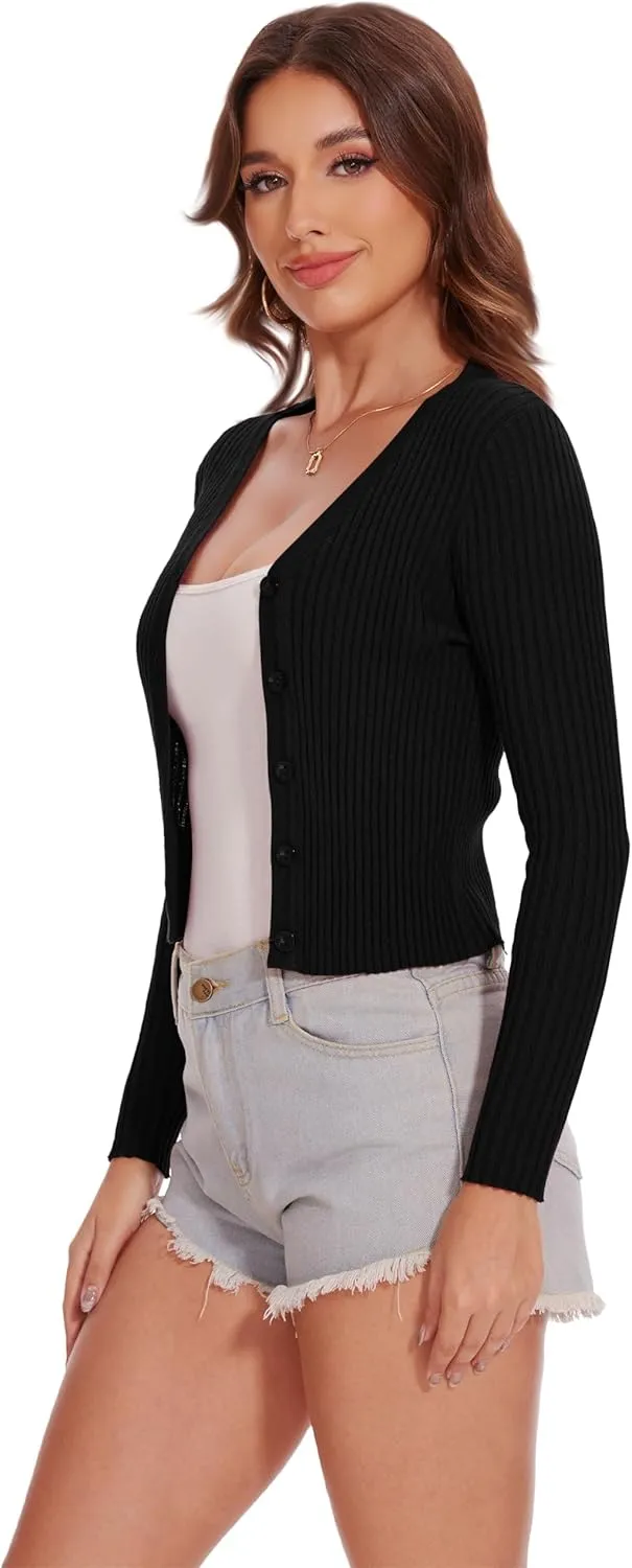 Women's Cropped Cardigan V Neck Long Sleeve Button Down Ribbed Knit Shrug Sweaters