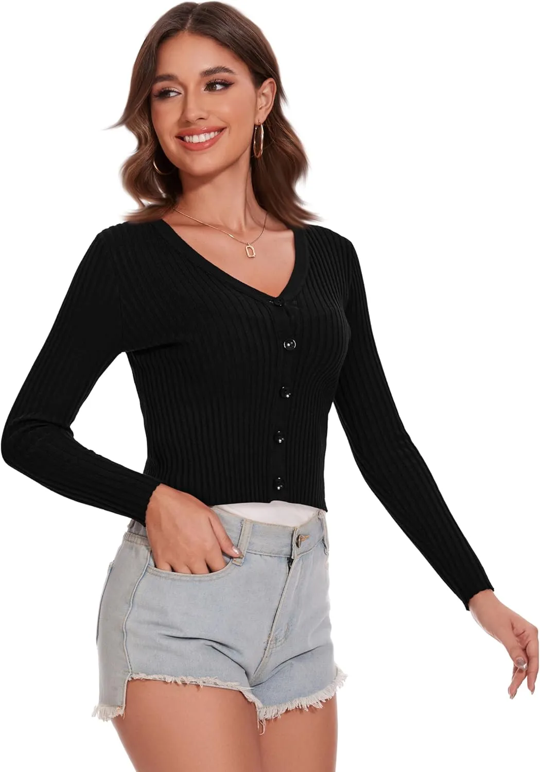 Women's Cropped Cardigan V Neck Long Sleeve Button Down Ribbed Knit Shrug Sweaters
