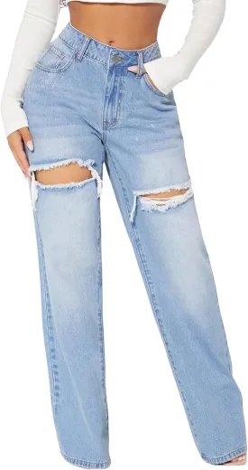 Womens Distressed Straight Leg Jeans High Waisted Wide Leg Baggy Jeans Boyfriend Casual Denim Pants.