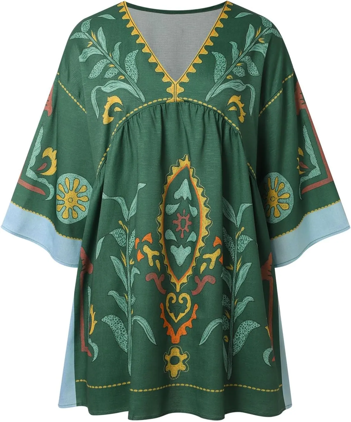 Womens Floral Embroidered Print Long Dress Summer V-Neck and 3/4 Sleeves Loose Fit Vintage Trendy Embroidery Babydoll Dress