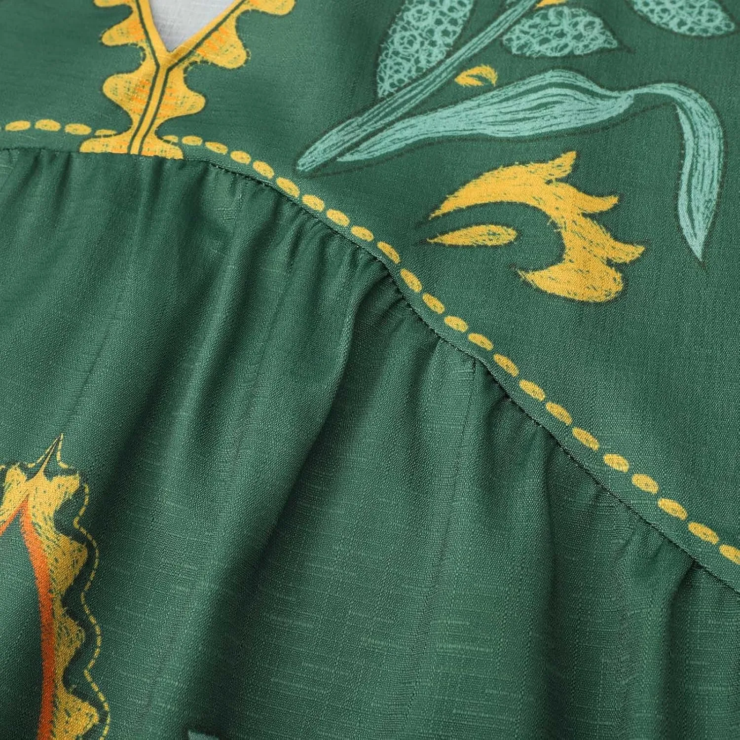 Womens Floral Embroidered Print Long Dress Summer V-Neck and 3/4 Sleeves Loose Fit Vintage Trendy Embroidery Babydoll Dress