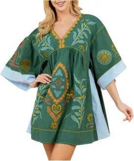 Womens Floral Embroidered Print Long Dress Summer V-Neck and 3/4 Sleeves Loose Fit Vintage Trendy Embroidery Babydoll Dress