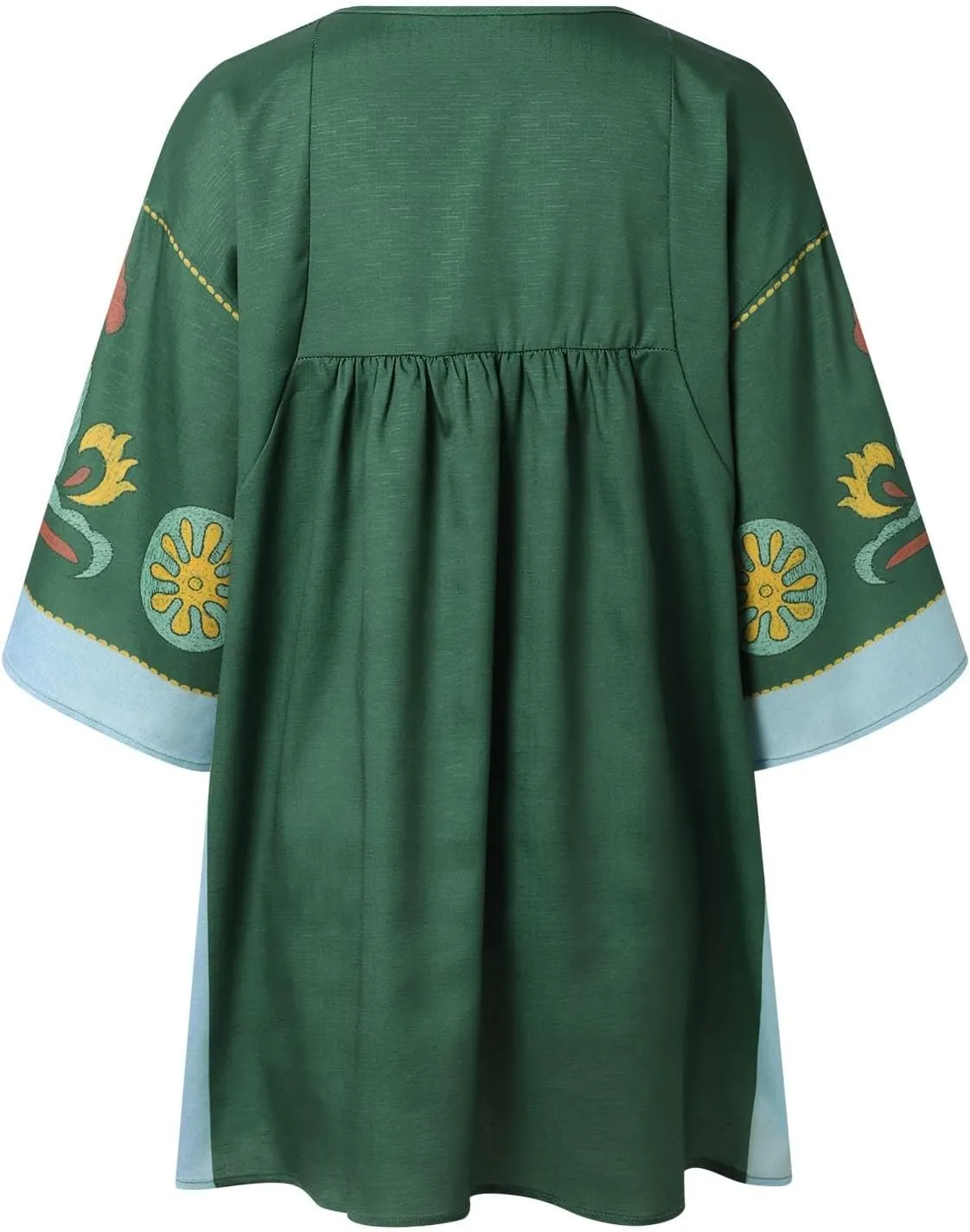 Womens Floral Embroidered Print Long Dress Summer V-Neck and 3/4 Sleeves Loose Fit Vintage Trendy Embroidery Babydoll Dress